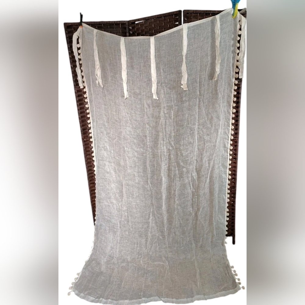 Soft Surroundings Linen Curtain Pom Pom Cotton Trim Boho Chic 48x84 1 Panel
